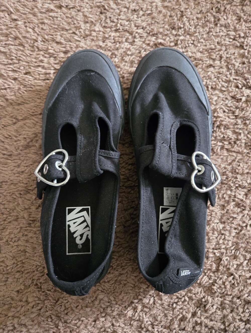 Vans Black Canvas Slip-On Mary Janes with Silver Heart Buckles